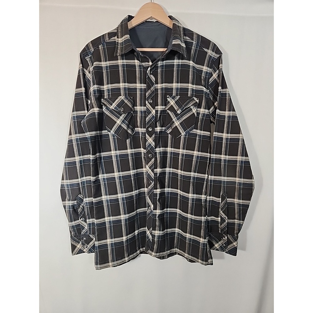 Kuhl Lowdown Western Pearl Snap Flannel Shirt Plaid Charcoal Blue Outdoor Mens M